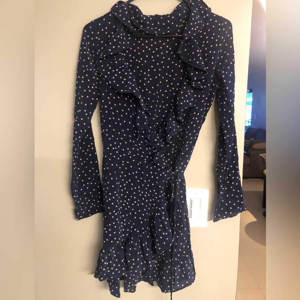 Realisation Par Navy Star-Print Ruffle Wrap Dress
